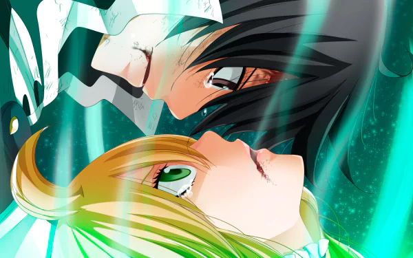 HD PC wallpaper featuring anime characters Mavis Vermilion and Zeref Dragneel from Fairy Tail in an intense, close-up scene with vibrant teal and black tones.