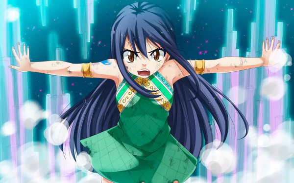 Wendy Marvell from Fairy Tail in a green dress, with long black hair and brown eyes, striking a dynamic pose in this vibrant HD anime desktop wallpaper.