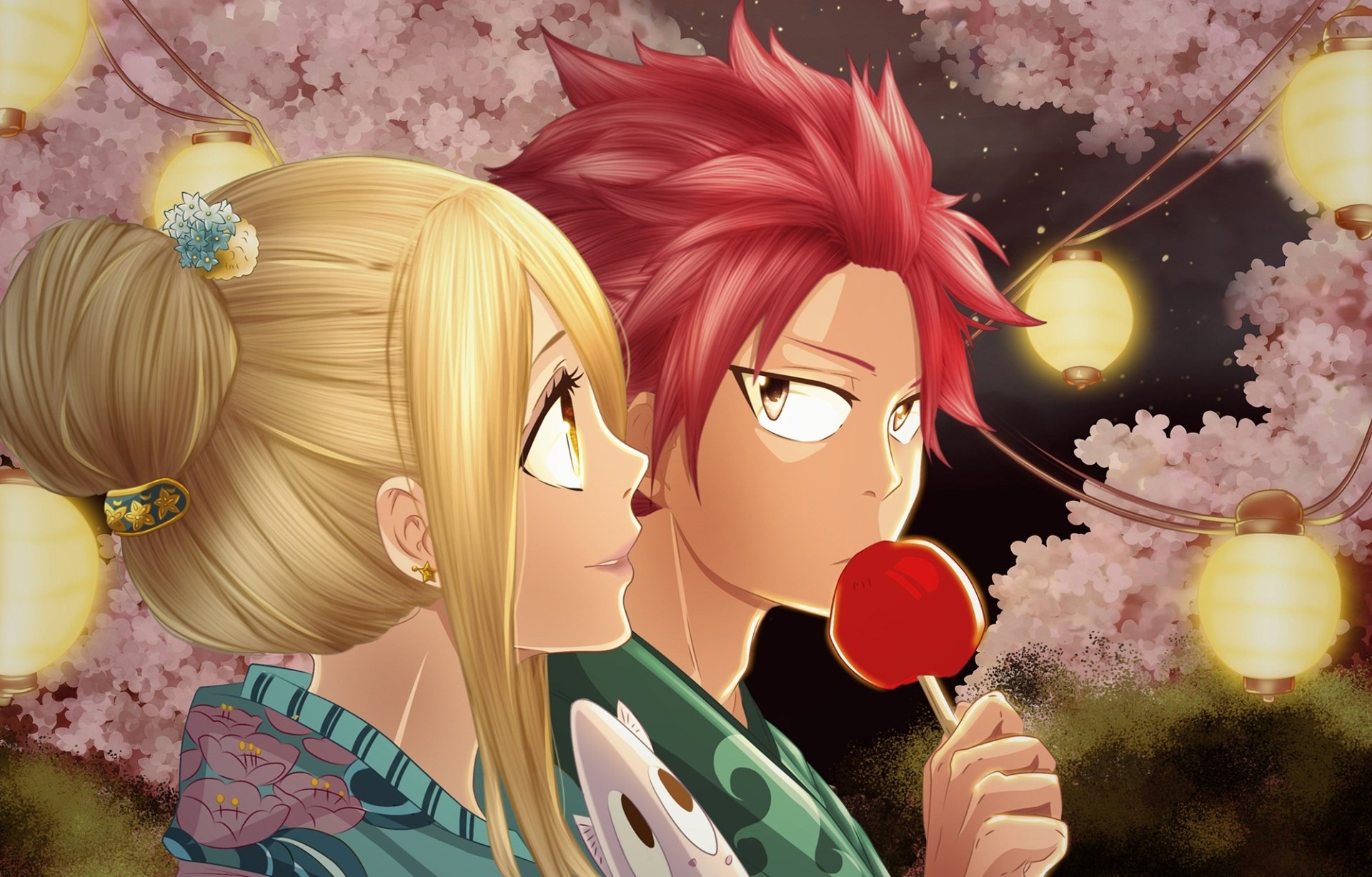 HD anime wallpaper featuring Lucy Heartfilia and Natsu Dragneel from Fairy Tail under glowing lanterns and cherry blossoms.