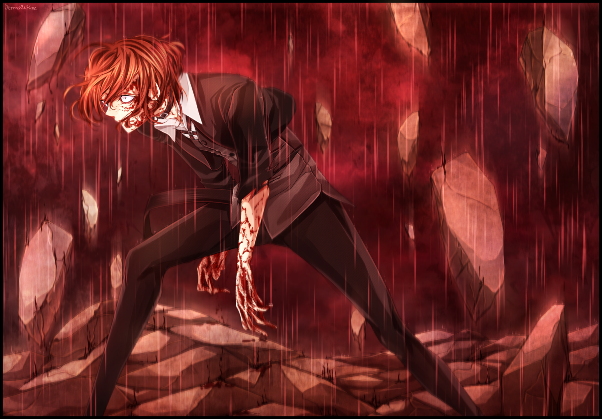 HD anime wallpaper featuring Chuya Nakahara from Bungou Stray Dogs, depicted in a dark, intense scene with rain and dramatic red tones.