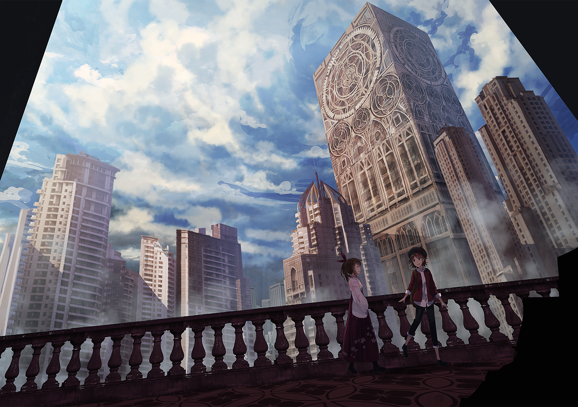 Anime-style HD PC desktop wallpaper featuring two characters overlooking a detailed cityscape with towering skyscrapers under a cloudy sky.