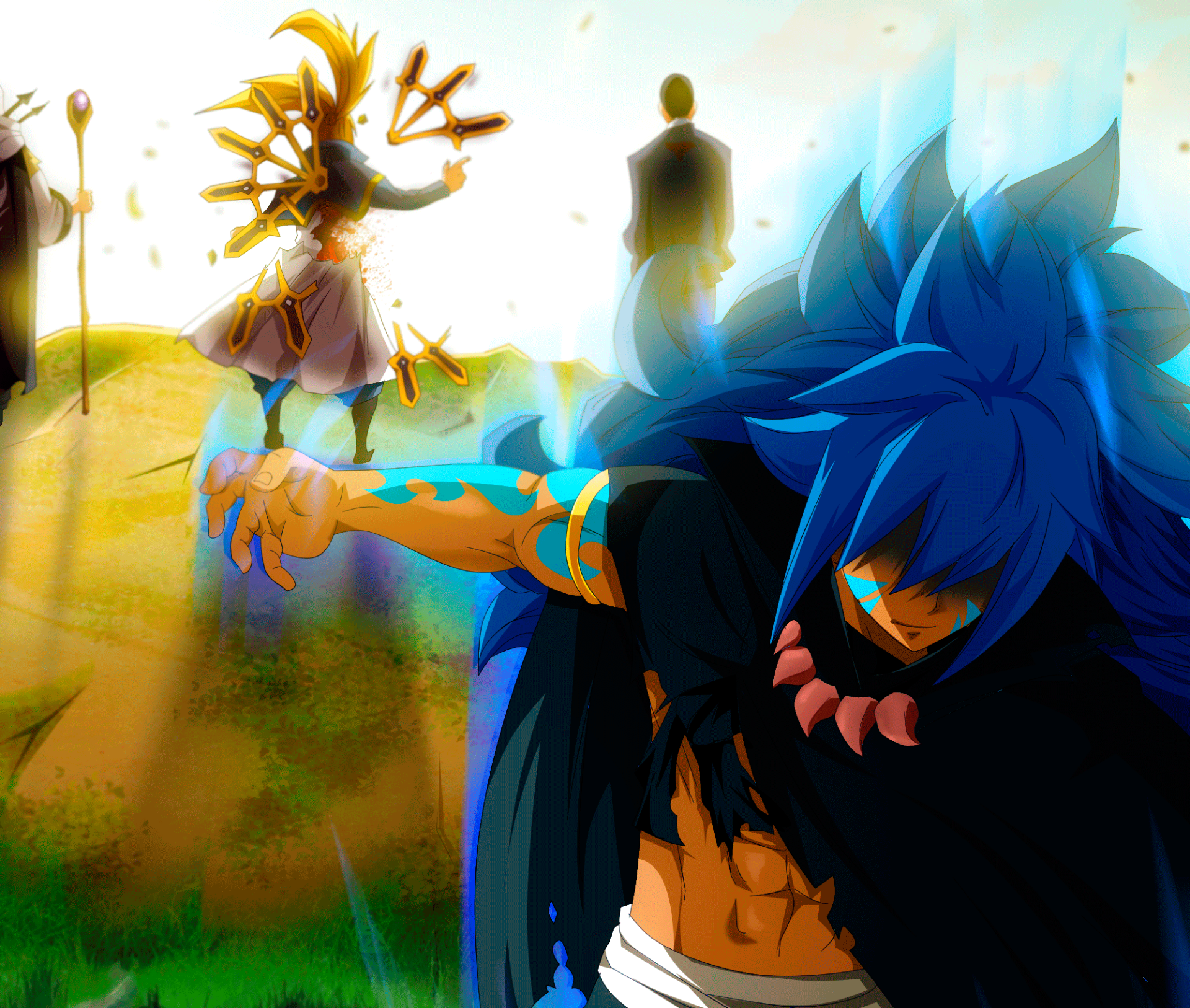 A dynamic HD wallpaper featuring God Serena and Acnologia from the anime Fairy Tail, showcasing their fierce battle amidst a vibrant, intense backdrop.