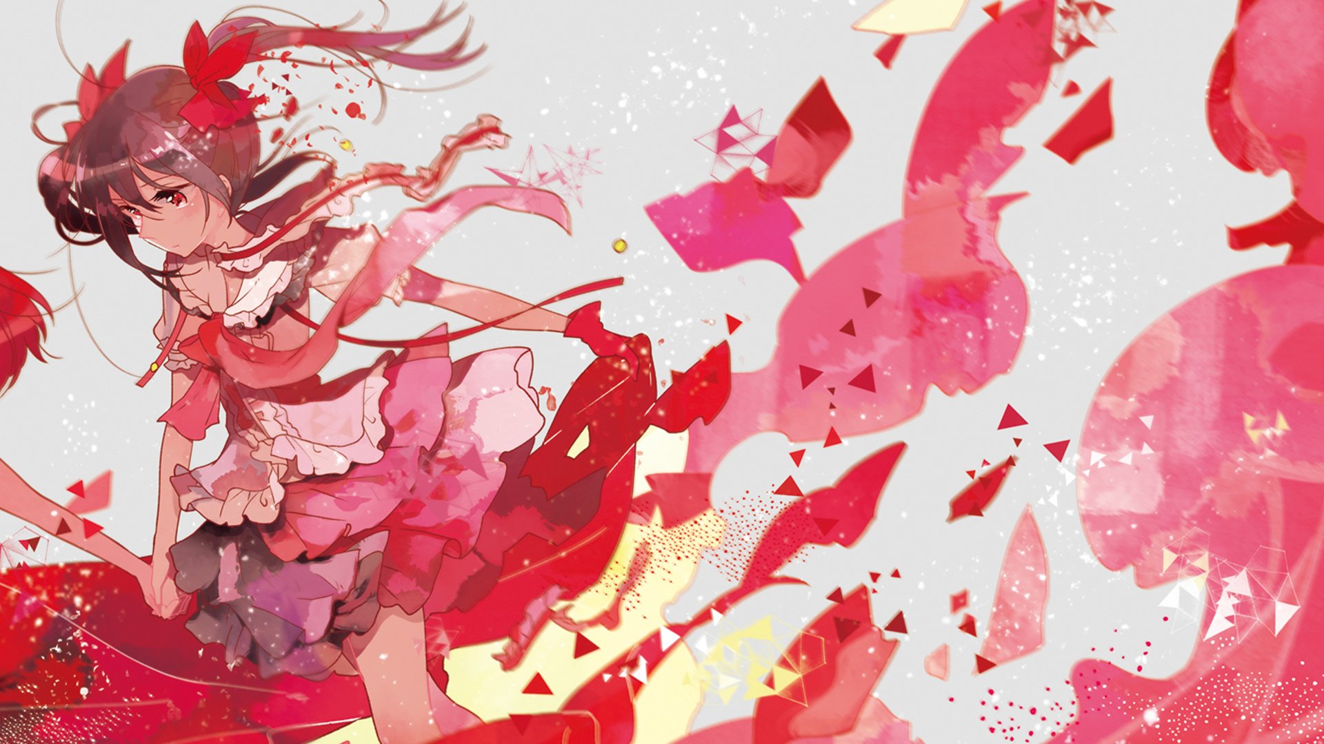 HD PC desktop wallpaper featuring Nico Yazawa from the anime Love Live!, showcasing vibrant red and pink hues with dynamic, flowing design elements.
