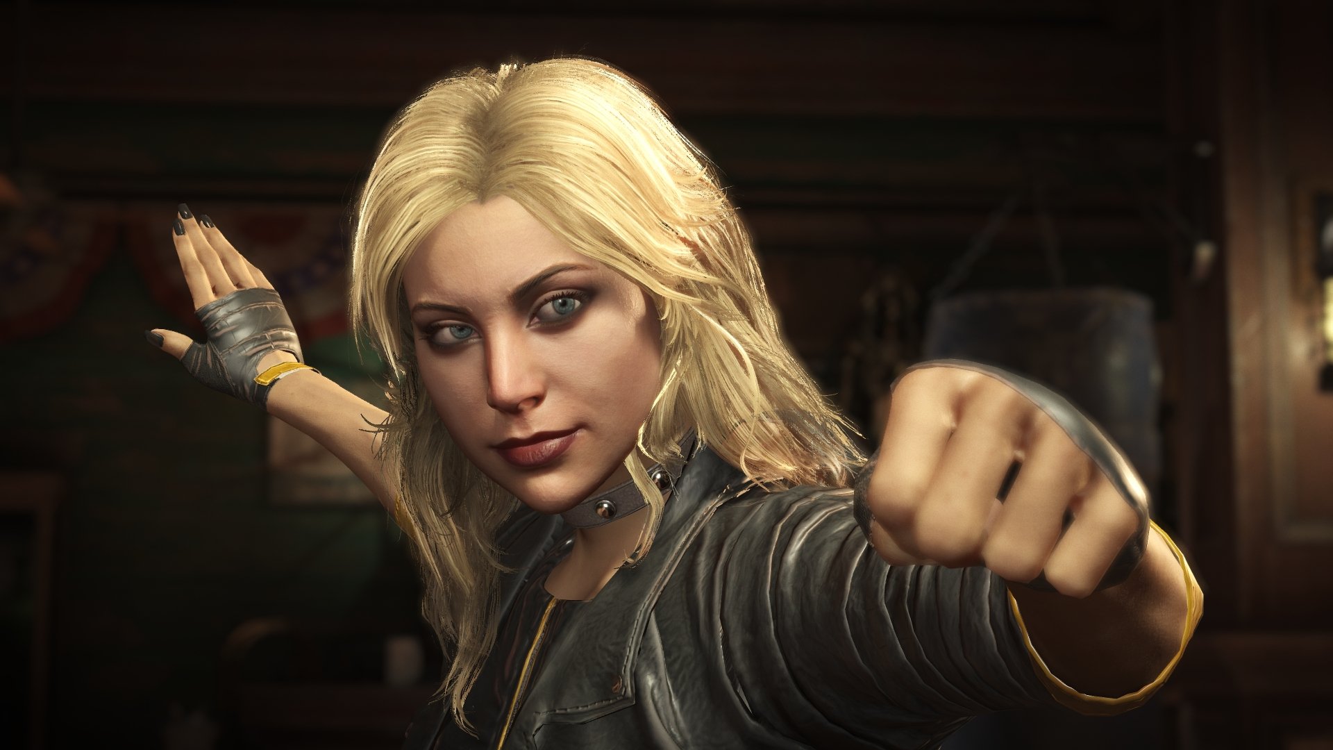 Black Canary from Injustice 2 in a dynamic punch close-up, 4K Ultra HD video game PC desktop wallpaper/background.