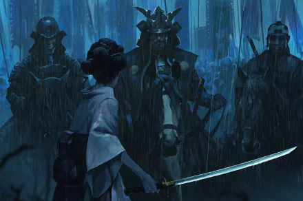 A woman warrior holding a katana stands defiantly in the rain, facing three armored figures on horses in a dark, fantasy samurai setting. This HD desktop wallpaper captures a tense, dramatic scene.