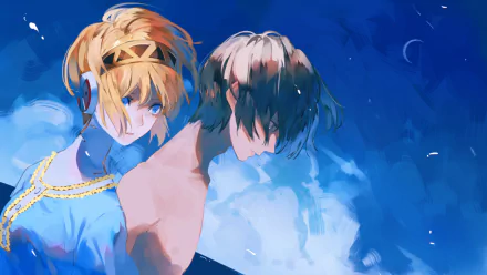 HD PC desktop wallpaper featuring Aigis and Minato Arisato from the video game Persona 3 against a vibrant blue background.