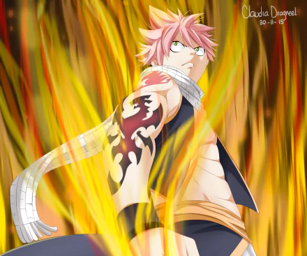 HD PC desktop wallpaper featuring Natsu Dragneel from the anime Fairy Tail, surrounded by intense flames showcasing his fiery power.