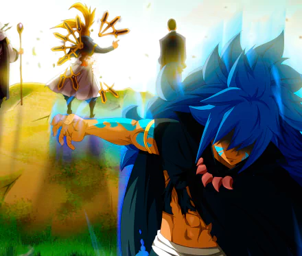 A dynamic HD wallpaper featuring God Serena and Acnologia from the anime Fairy Tail, showcasing their fierce battle amidst a vibrant, intense backdrop.
