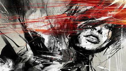 Artistic 4K Ultra HD PC desktop wallpaper/background of a stylized woman’s face and hand in monochrome, streaked with bold red brushstrokes and dynamic abstract paint splatters.