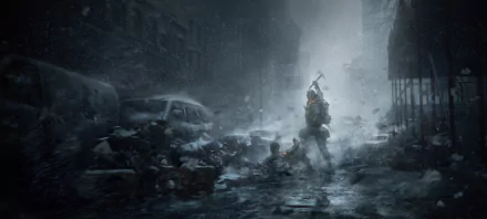 Snow-covered city street scene from Tom Clancy's The Division video game, featuring a soldier standing amid debris in an atmospheric 8K Ultra HD wallpaper background.