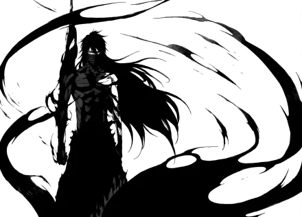 HD desktop wallpaper featuring Ichigo Kurosaki from Bleach, depicted in Bankai form with flowing long black hair, surrounded by dynamic black energy.