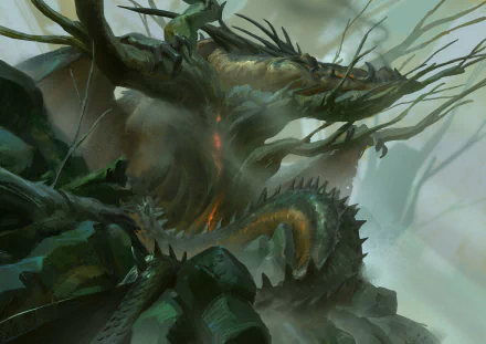 Fantasy dragon with antler-like horns and mossy scales, coiling through mist and glowing embers — HD PC desktop wallpaper background.