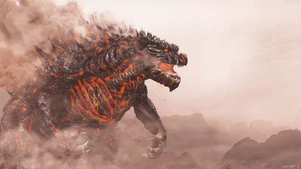 A stunning 4K Ultra HD desktop wallpaper featuring a fierce, fiery Godzilla emerging from a dramatic landscape, embodying the essence of fantasy and power.