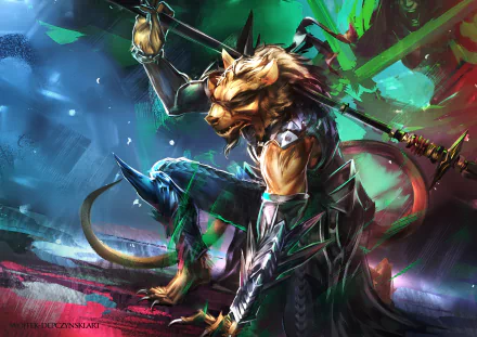 HD fantasy warrior with a lion-like helmet, wielding a sword, set against a dynamic, colorful background in this vibrant PC desktop wallpaper.