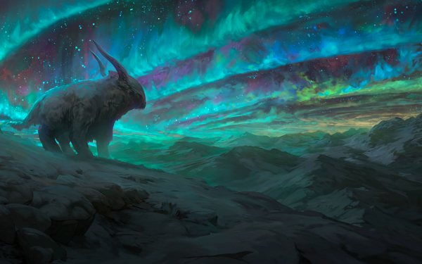 Fantasy Animal Landscape Night Aurora Borealis Mountain HD Wallpaper | Background Image
