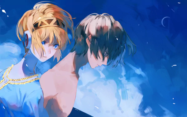 HD PC desktop wallpaper featuring Aigis and Minato Arisato from the video game Persona 3 against a vibrant blue background.