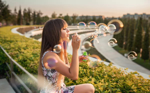 dress depth of field brunette long hair bubble model woman mood HD Desktop Wallpaper | Background Image