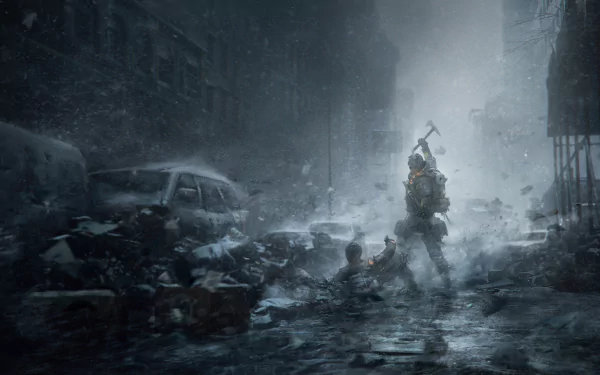 Snow-covered city street scene from Tom Clancy's The Division video game, featuring a soldier standing amid debris in an atmospheric 8K Ultra HD wallpaper background.
