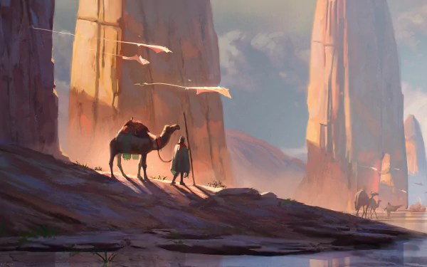 A fantasy landscape featuring towering rock formations with a person leading a camel, rendered in 4K Ultra HD for PC desktop wallpaper and background.