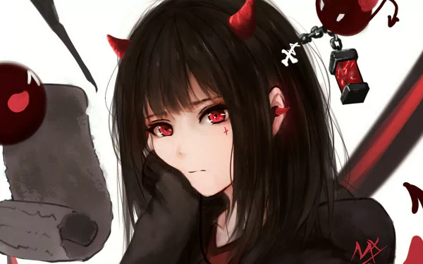 Anime-style image featuring a character with black, short hair, red eyes, and small horns. The character appears pensive against a white background. This HD wallpaper provides a unique and intriguing aesthetic.
