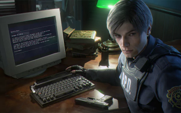 HD wallpaper of Leon S. Kennedy from Resident Evil 2 (2019) at a desk with a computer. The aesthetic is eerie, capturing the suspenseful atmosphere of the game.