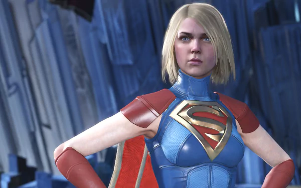 Supergirl from Injustice 2 in armored blue-and-red suit, hands on hips before a crystalline backdrop — 4K Ultra HD PC video game desktop wallpaper.