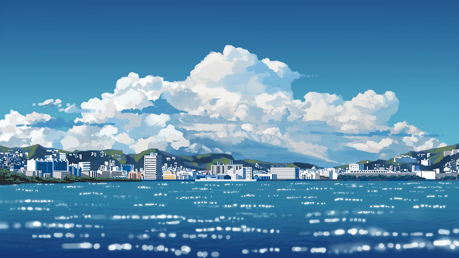 HD desktop wallpaper and background featuring an original anime-style cityscape by the water, with clear blue skies and expansive cloudy formations.