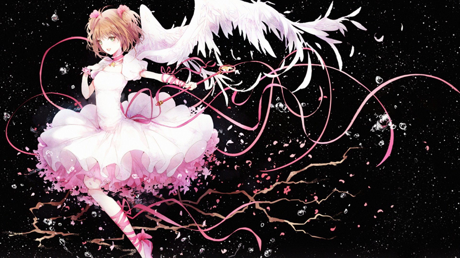Sakura Kinomoto (Cardcaptor Sakura) in a white frilled dress with angelic wings and swirling pink ribbons against a starry black backdrop — HD PC desktop wallpaper/background.