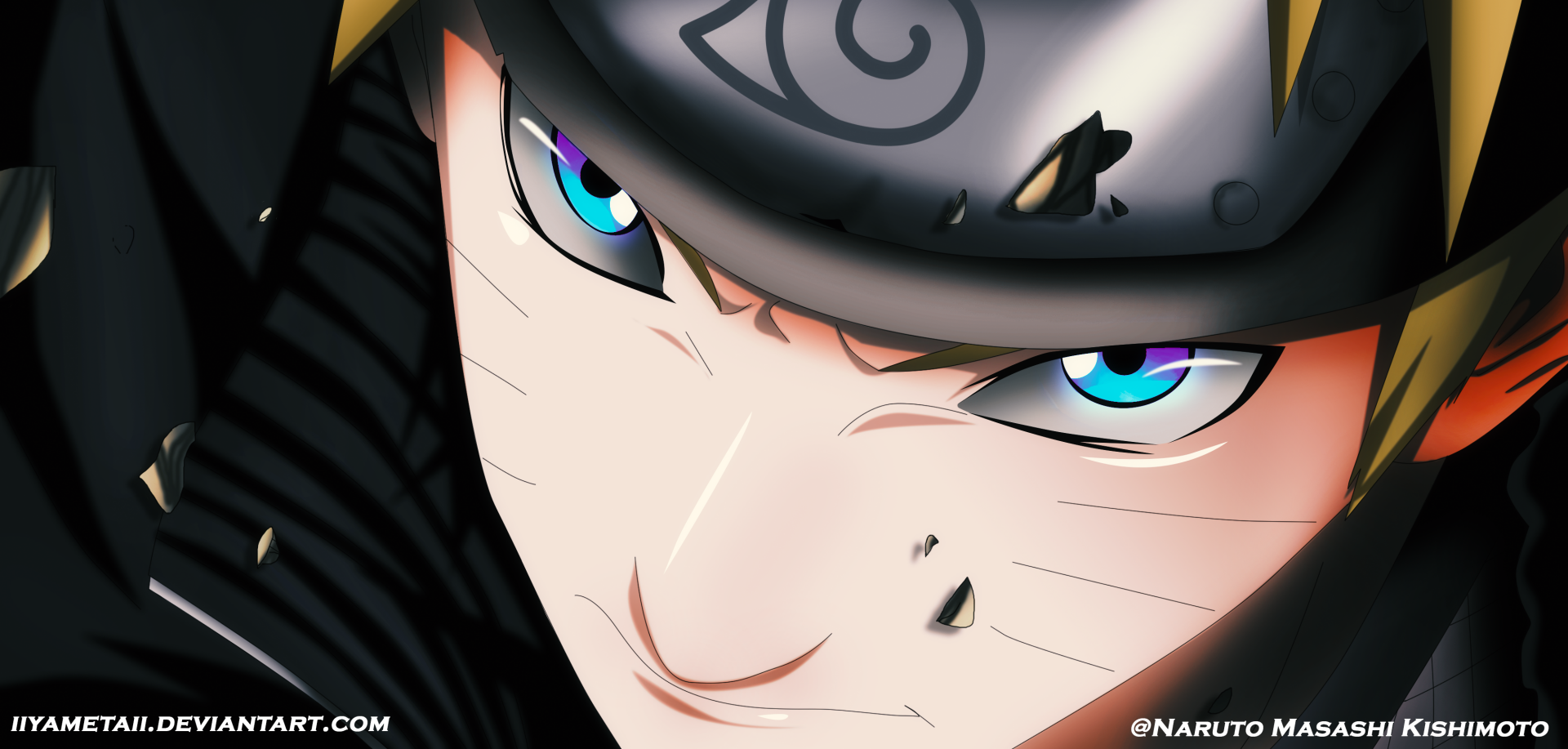 Close-up HD anime wallpaper of Naruto Uzumaki with intense blue eyes and his ninja headband, capturing the essence of the Naruto series for PC desktop backgrounds.