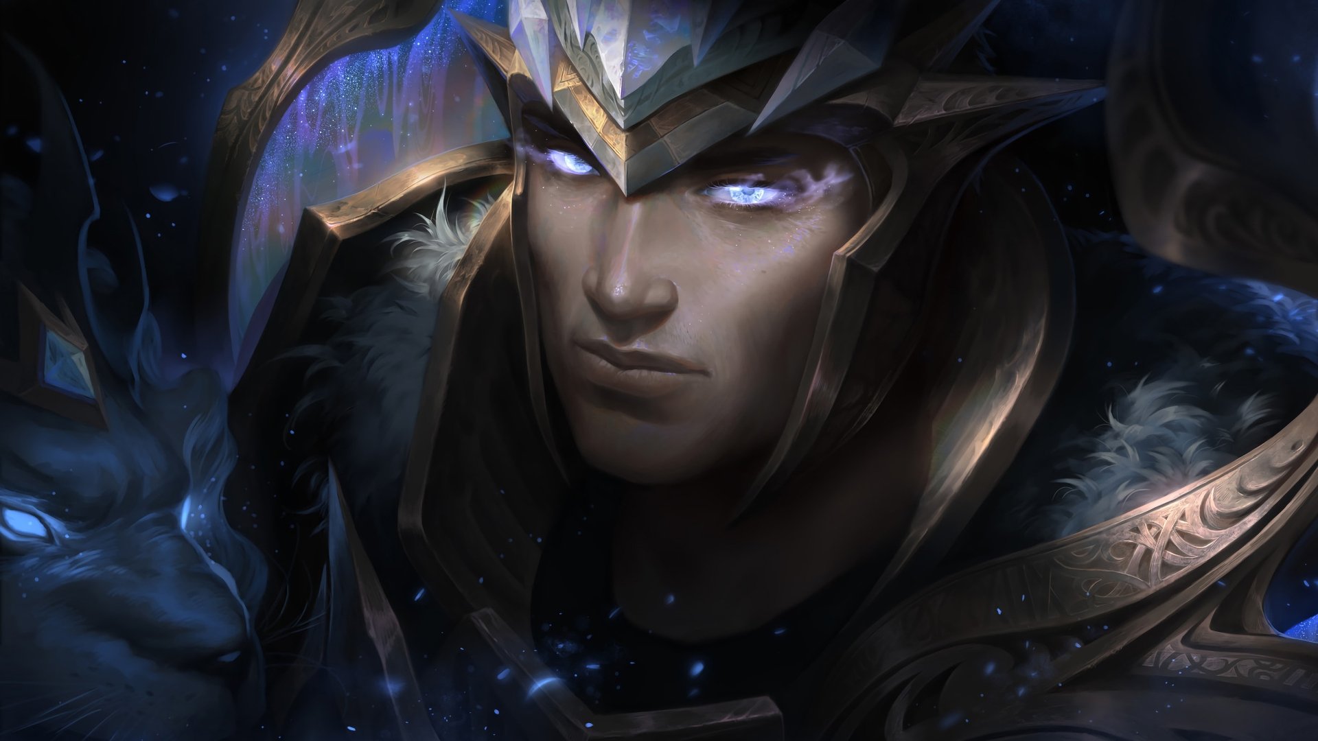 Garen (League of Legends) close-up in ornate armor, glowing blue eyes and drifting blue particles — 4K Ultra HD PC desktop wallpaper.