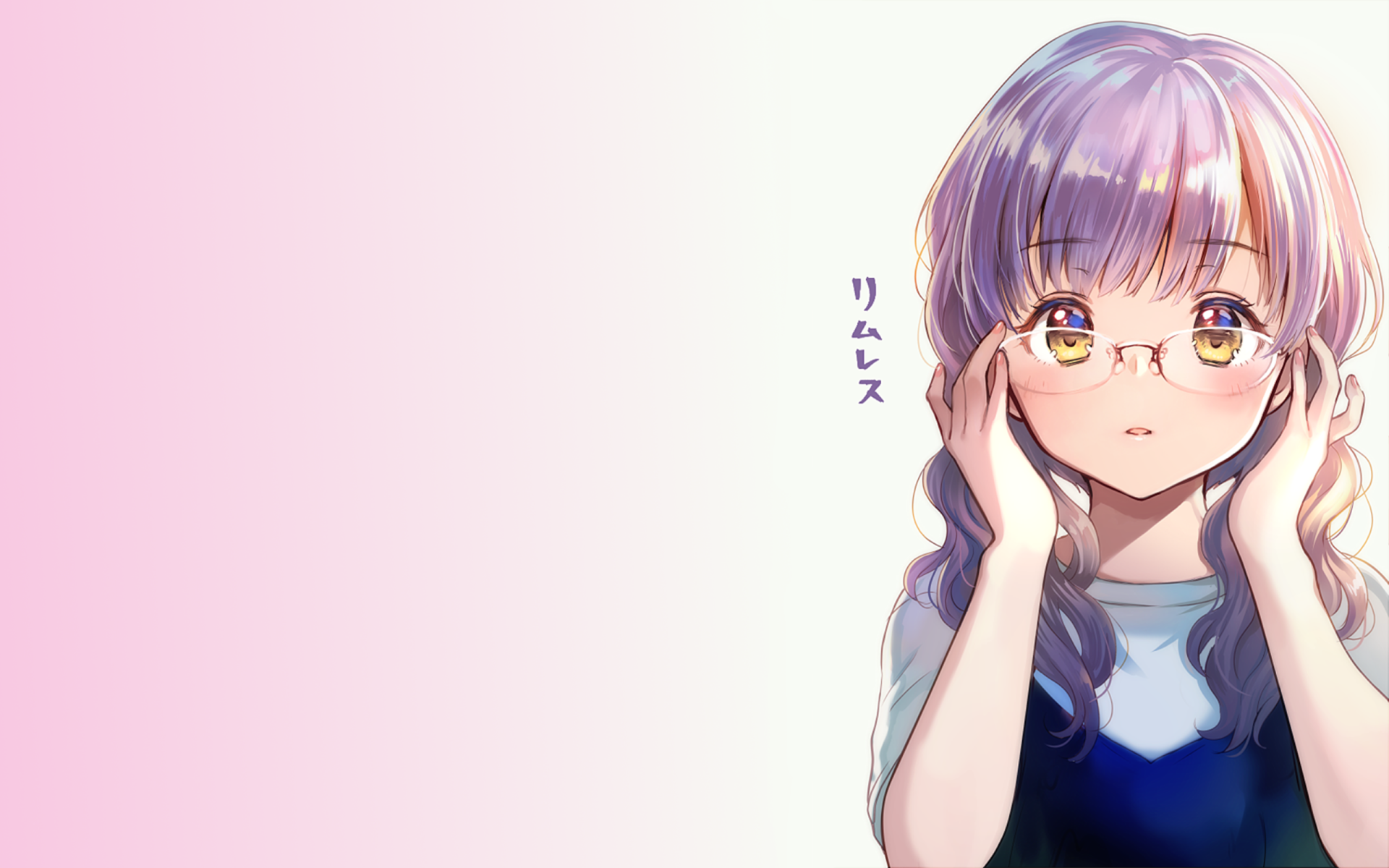 HD PC desktop wallpaper of an original anime girl with glasses adjusting her hair against a soft pink-to-white gradient background.