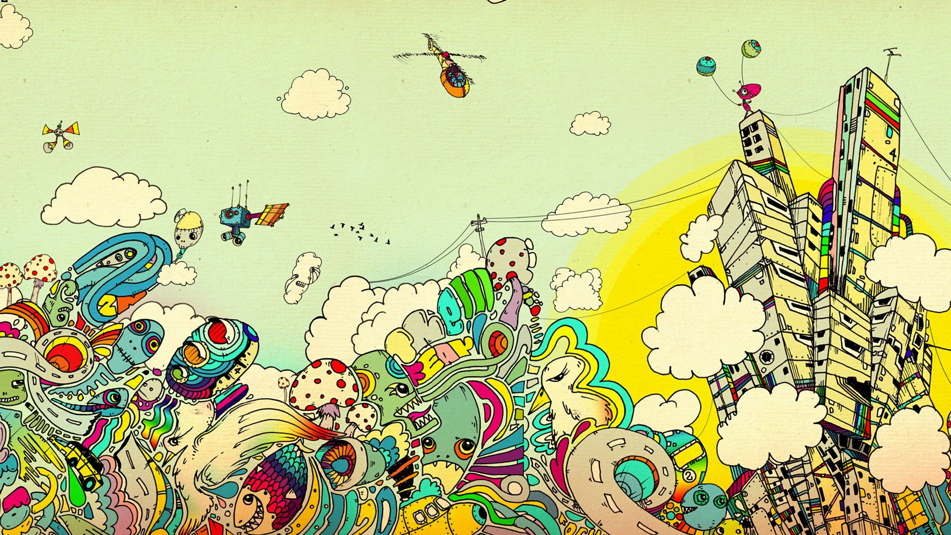 Vibrant artistic and psychedelic HD PC desktop wallpaper featuring a surreal cityscape with colorful, whimsical shapes, flying creatures, and a helicopter against a pale sky.
