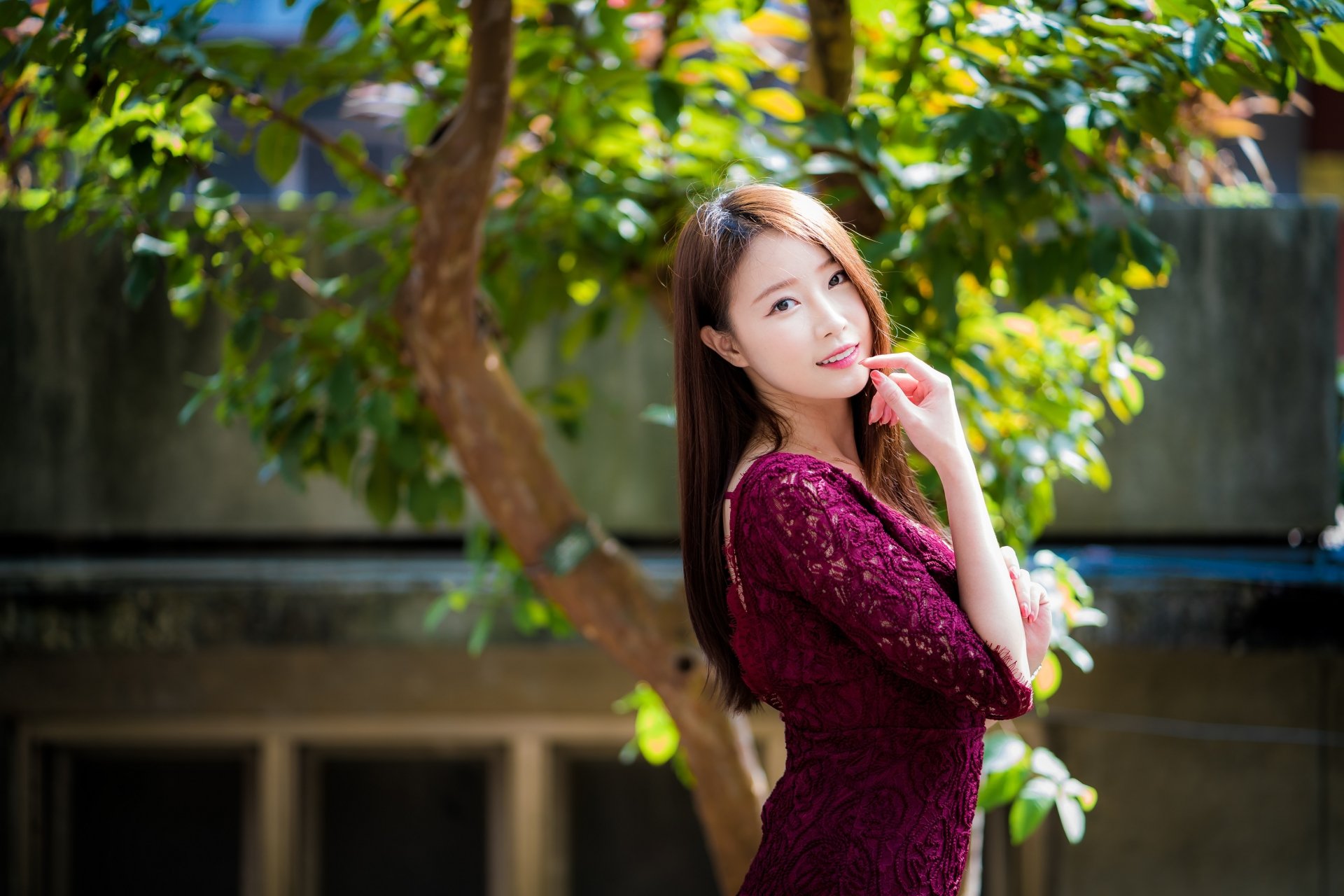 Download Purple Dress Long Hair Brunette Depth Of Field Model Woman Asian HD Wallpaper