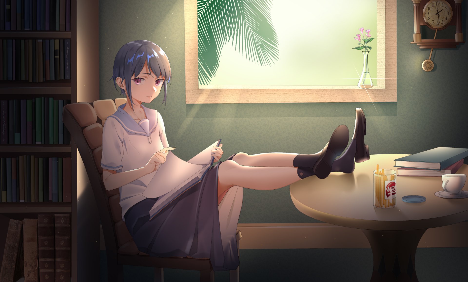 Download Teacup Clock Pink Eyes Flower Book Black Hair Short Hair Anime Original 4k Ultra HD Wallpaper by 白空