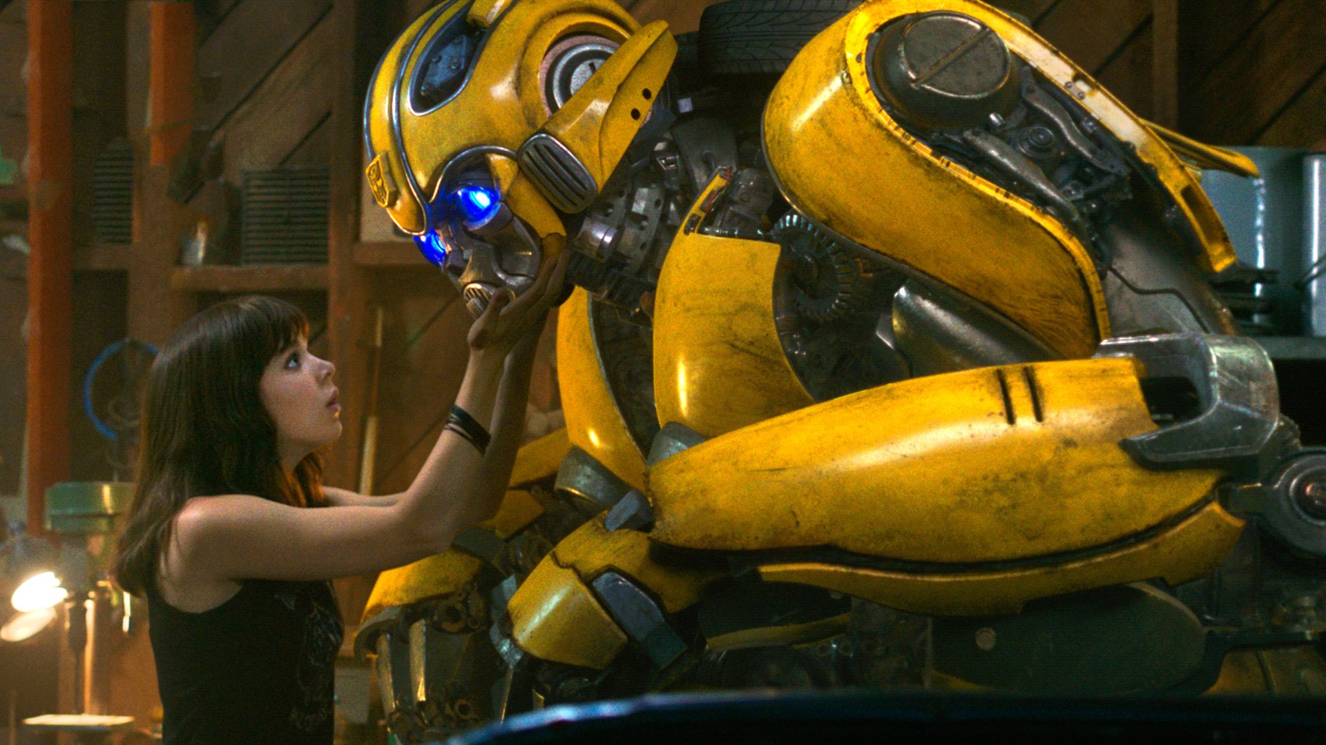 HD PC wallpaper featuring Hailee Steinfeld with the Transformer Bumblebee from the Bumblebee movie, showcasing a close, emotional moment between the characters.