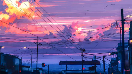 HD anime-style desktop wallpaper depicting a vibrant sunset over an urban landscape with power lines and streetlights.