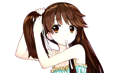 Anime original: brown‑haired, brown‑eyed girl tying her hair; HD PC desktop wallpaper and background.