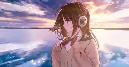 HD PC desktop wallpaper: anime girl with long brown hair and purple eyes, wearing a bow, headphones, and a school uniform, gazing over calm reflective water at sunset.