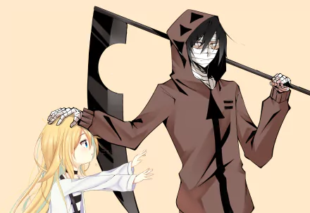 Angels of Death anime 2K Quad HD desktop wallpaper: tall hooded Zack with bandaged face and scythe stands beside small blonde Rachel Gardner reaching up.