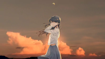 Anime-style 8K Ultra HD desktop wallpaper featuring a girl with long hair standing against a glowing sunset sky with the moon visible above.