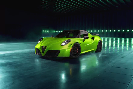 Vibrant green Alfa Romeo 4C supercar showcased in a sleek, modern setting with reflective floor, captured in 4K Ultra HD for PC desktop wallpaper and background.