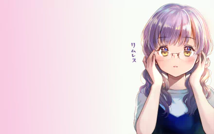 HD PC desktop wallpaper of an original anime girl with glasses adjusting her hair against a soft pink-to-white gradient background.