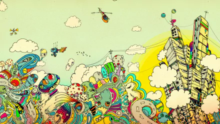 Vibrant artistic and psychedelic HD PC desktop wallpaper featuring a surreal cityscape with colorful, whimsical shapes, flying creatures, and a helicopter against a pale sky.