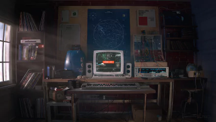 HD desktop wallpaper of a retro computer setup in a room, showcasing vintage technology on a desk with a computer, keyboard, speakers, and other tech equipment, creating a nostalgic atmosphere.
