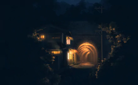 Anime-style HD wallpaper showing a night scene with a warmly lit house next to a dimly glowing tunnel, surrounded by dense foliage.
