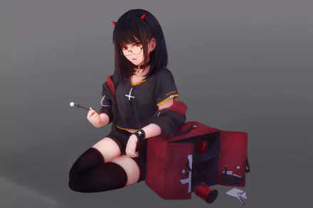 HD anime desktop wallpaper featuring an original character with glasses, dark hair, and a gothic outfit against a simple gray background.