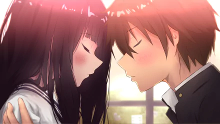 Hōtarō Oreki and Eru Chitanda from Hyouka, anime close-up with foreheads touching and soft blush, 2K Quad HD PC desktop wallpaper/background.