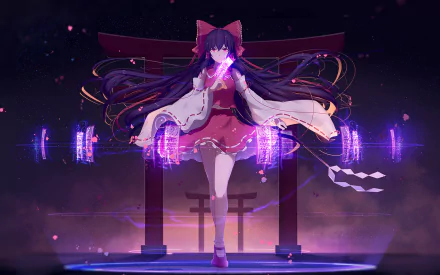 HD desktop wallpaper featuring Reimu Hakurei from Touhou, set against a mystical purple background with glowing symbols and a traditional gate.