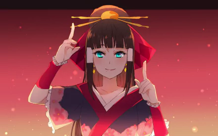 Dia Kurosawa (Love Live! Sunshine!!) anime HD PC desktop wallpaper — Dia in a red traditional-style outfit with teal eyes and hairpins on a warm gradient background.