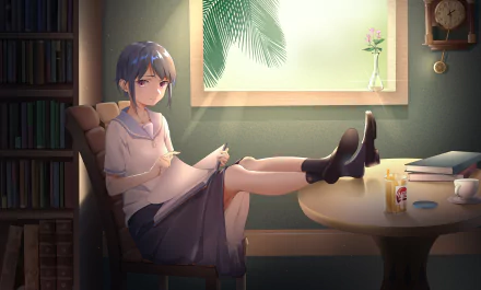 teacup clock pink eyes flower book black hair short hair Anime Original HD Desktop Wallpaper | Background Image